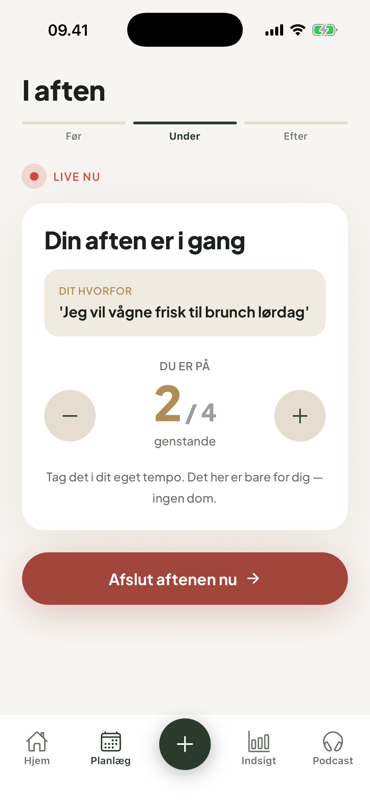 Live-skærmen: appen følger med under aftenen